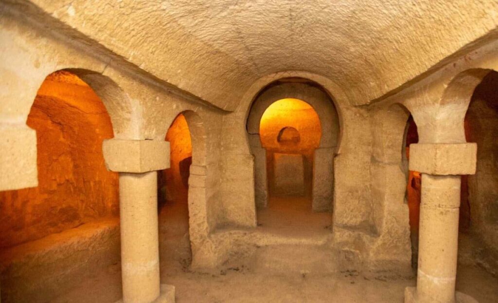 Göreme Caves church internal coloumns lightend