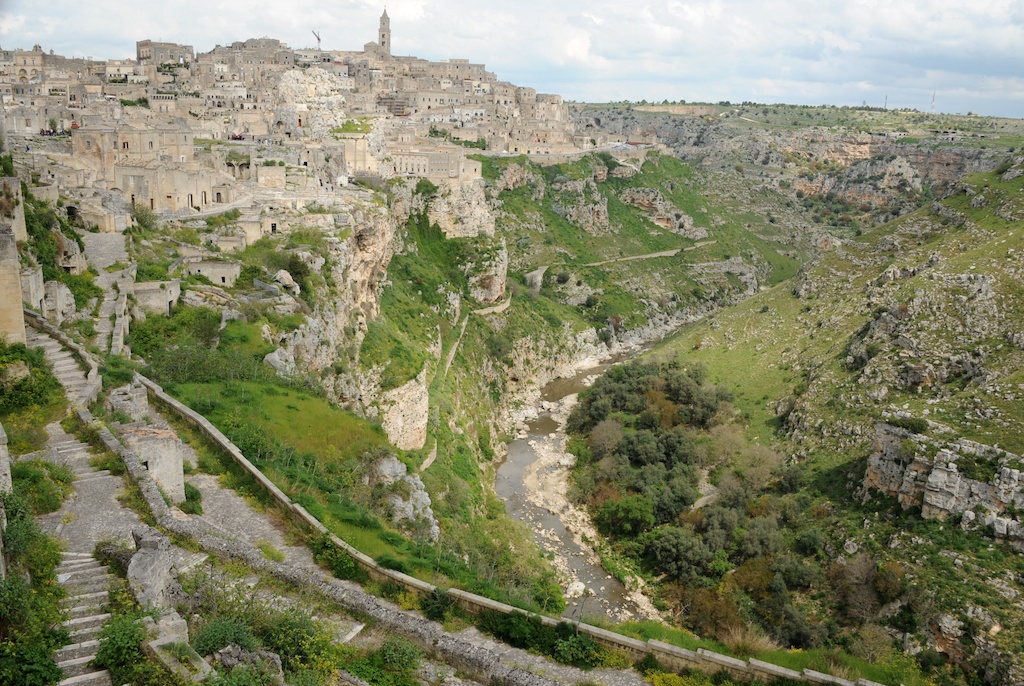 Panorama of the Gravina Gorge and the cave city of Matera