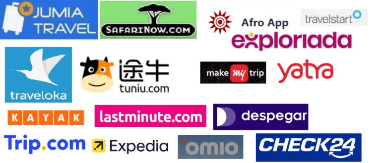 logos of Exploriada,Afro App,Expedia,Kayak,Omio,Tuniu,make my trip etc as part of best 20 tour browsing local apps in the world
