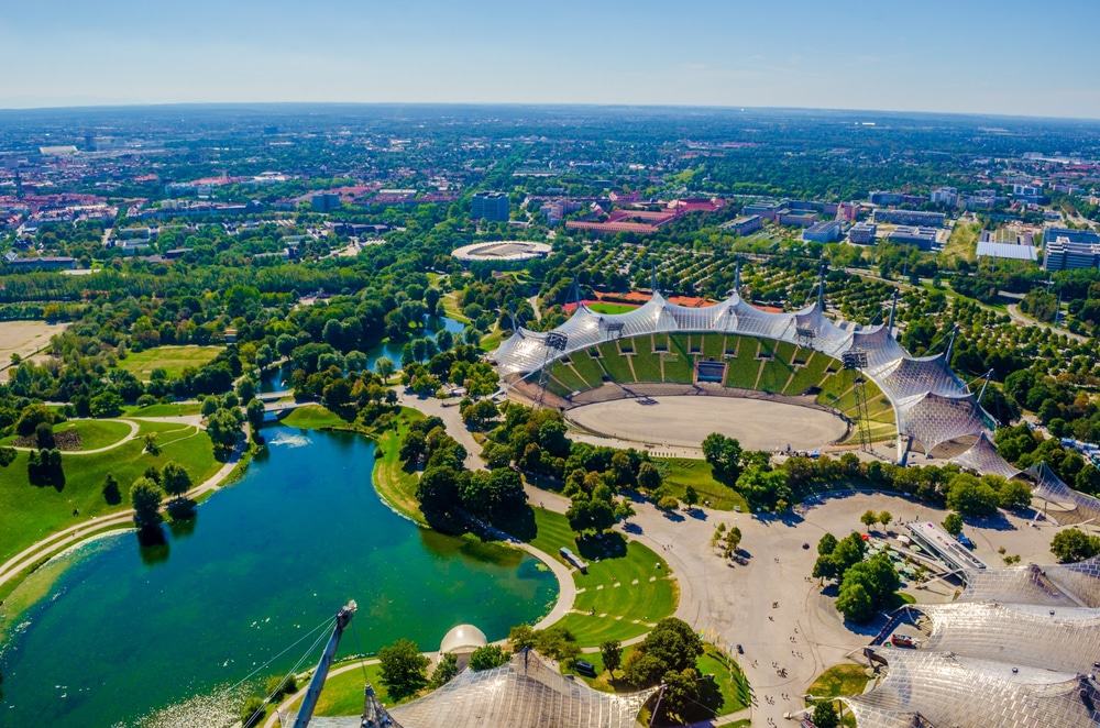 Top view of Munich olympia park showing the sea and the Olymic stadium with greenish landscpae