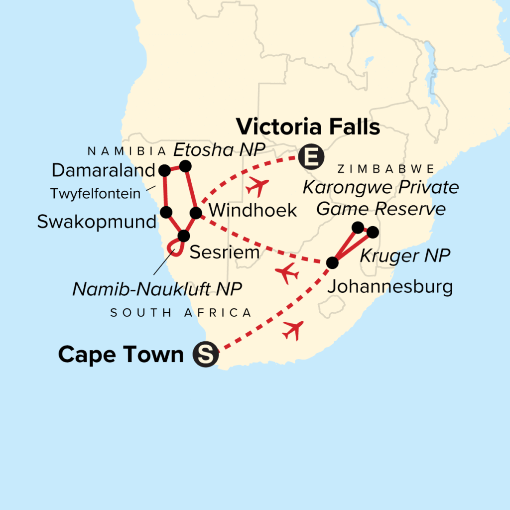 South Africa flight and National park map, victoria falls,Johhannesburg, capetown