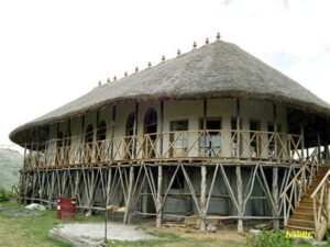 grass roof and round shaped two storey traditional palace in Debrebirhan Ankober